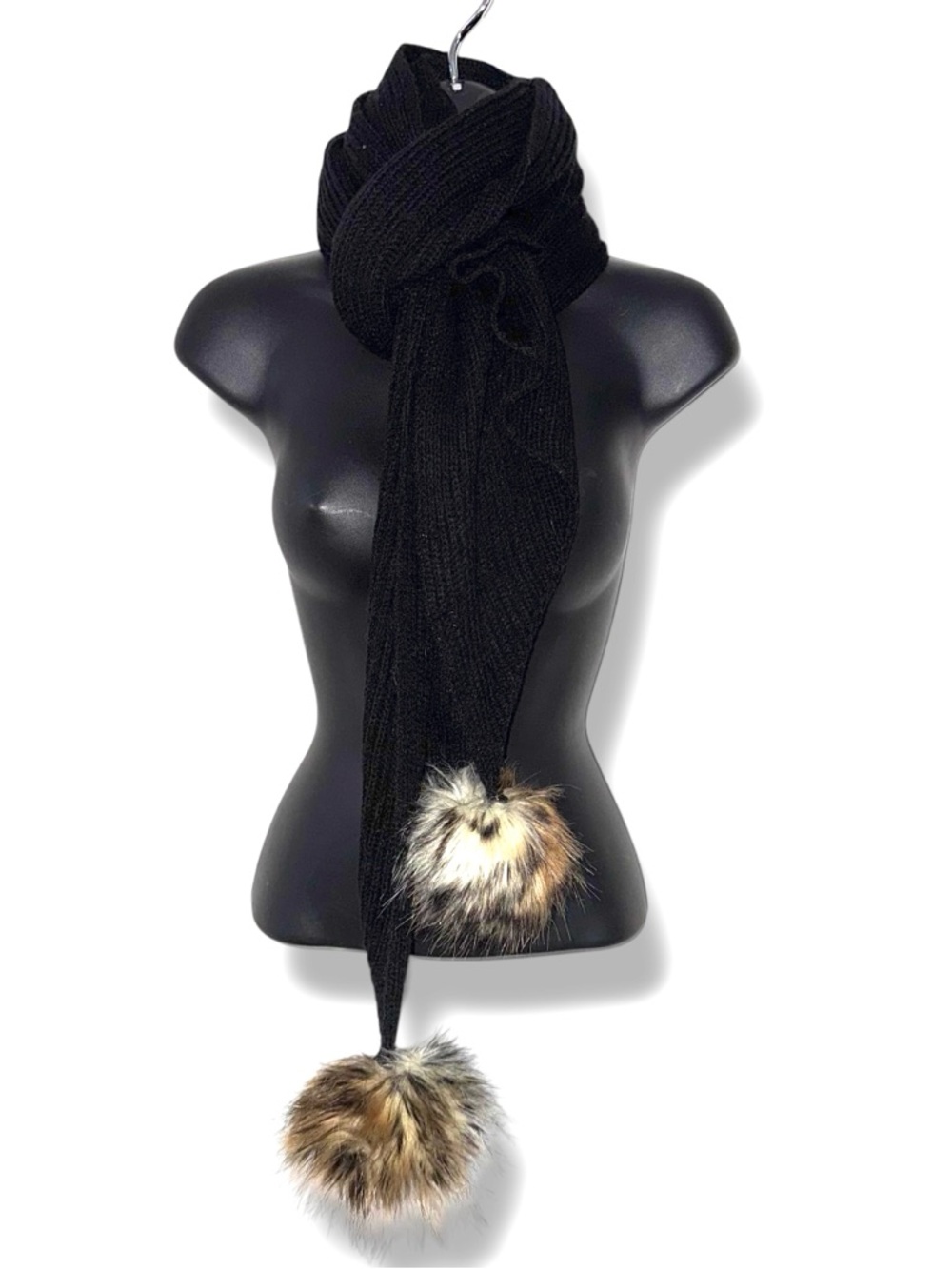 RUYI black fuzzy leopard pom poms scarf